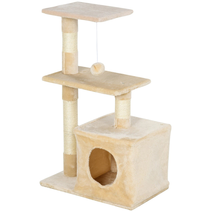 Cat Scratching Post avec un jouet de chat en peluche doux, beige de panneaux de puce, 50x30x81,5 cm