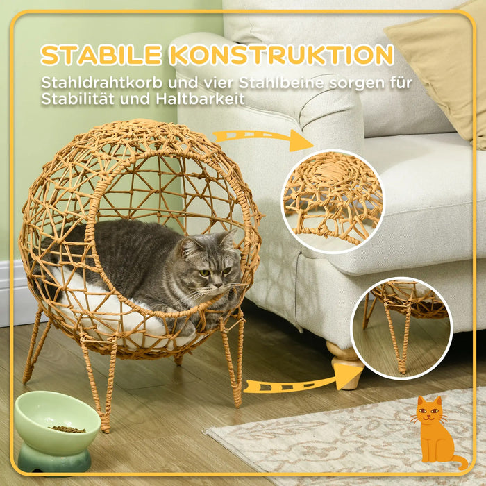 Panier de chat en rotin, lit de chat avec oreiller accrue design lit pour animaux de compagnie brun Ø45x57hcm