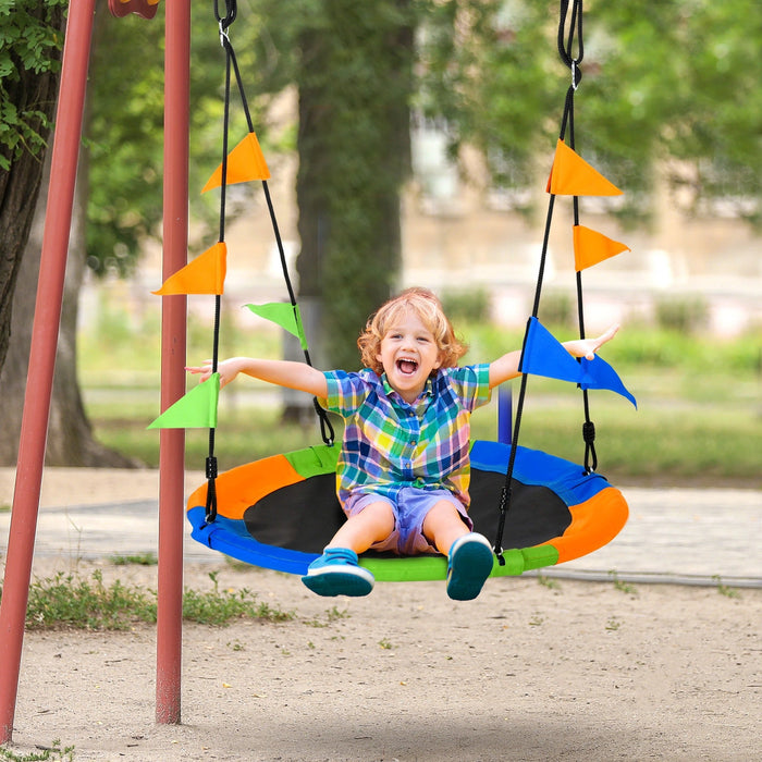 Nestschaukel Ø100 cm Tellerschaukel Kinderschaukel Gartenschaukel bis 80 kg Outdoor belastbar für 3+ Jahre Metall Polyester Blau+Grün+Orange