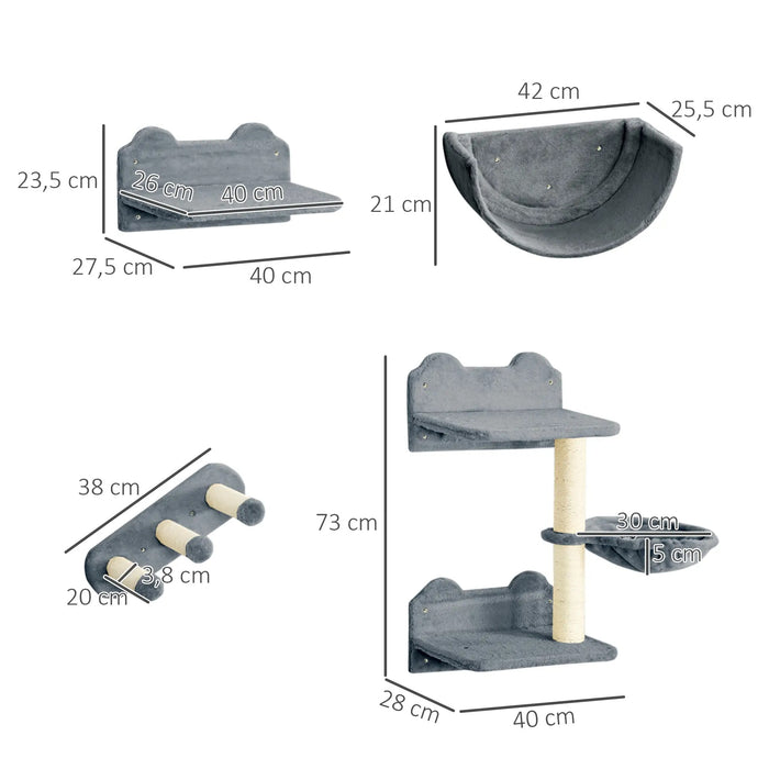 Ensemble de mur d'escalade pour les chats, le hamac, la planche à gratter, les plates-formes de saut, la peluche, la sisal, le gris