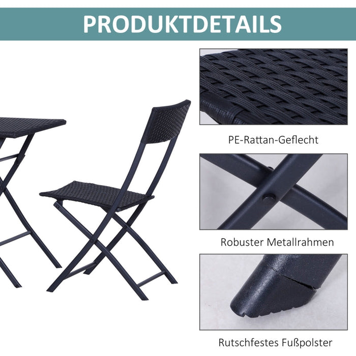 Polyrattan Bistroset für 2 Personen Sitzgruppe Rattan Gartenmöbel Set Garnitur Schwarz