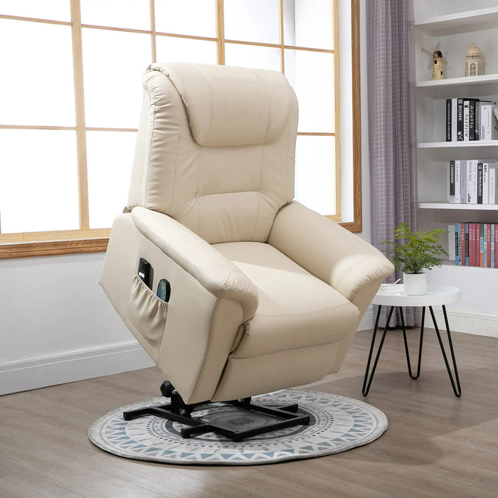 Fauteuil de massage avec aide à la relève, 8 points de vibration, fonction chauffante, repose-pieds, blanc crème, 93x95x106cm