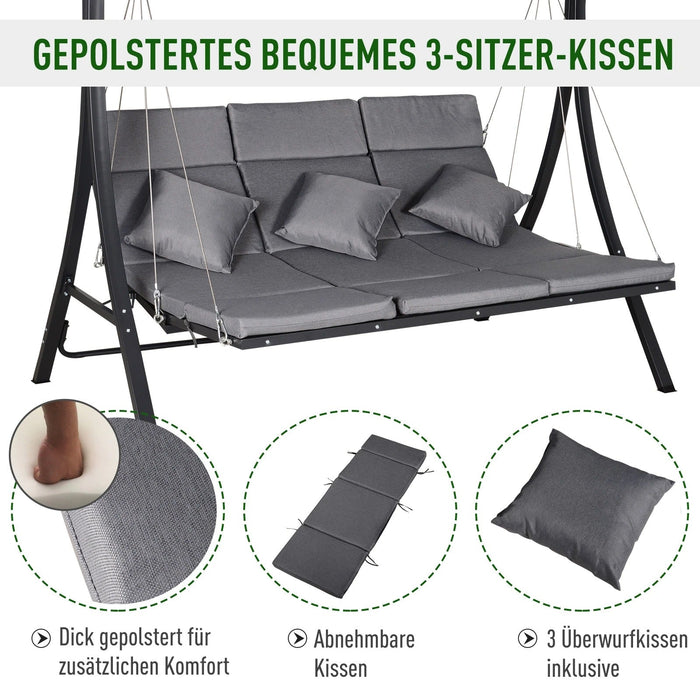 Hollywoodschaukel 3-Sitzer, Schaukelbank mit Verstellbarem Sonnendach, Gartenschaukel mit Kissen, bis 270 kg Belastbar, Metall, Texteline, Grau, 200x115x168cm