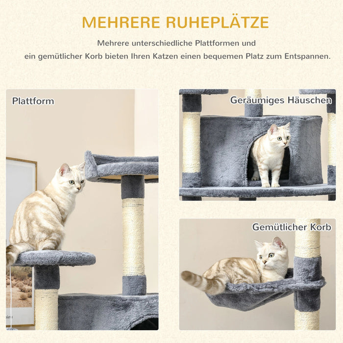 Stratching Post avec 2 hamacs et 2 grottes de chat, y compris les jouets en peluche de sisalsile gris clair