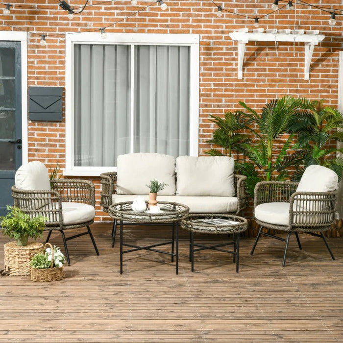 Gartenmöbel-Set für 4 Personen aus PE-Rattan, 2 Sessel, 1 Sofa, 2 Beistelltisch, Boho-Stil, Braun+Grau