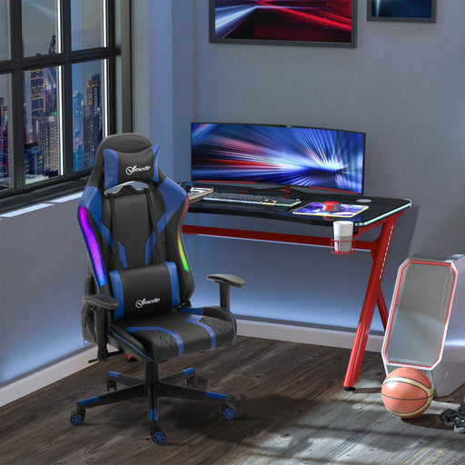 Bürostuhl LED Gaming-Stuhl mit Armlehne ergonomisch mit Liegefunktion Kunstleder Schwarz + Blau, 70x57,5x126-136cm