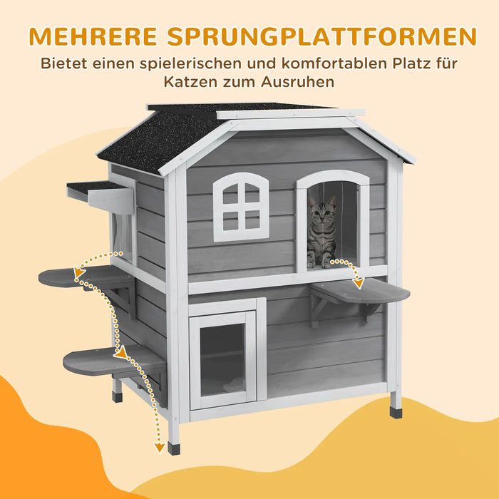 Cat house with asphalt roof, stairs, 2-floors, waterproof, garden, gray, 78x55.5x91cm