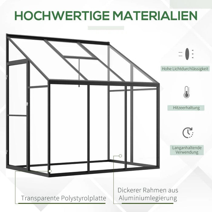 Gewächshaus 182x122cm Beistell Gartenhaus mit Verstellbares Dach Verschließbare Treibhaus Tür Aluminiumlegierung Polystyrolplatte Transparent Schwarz