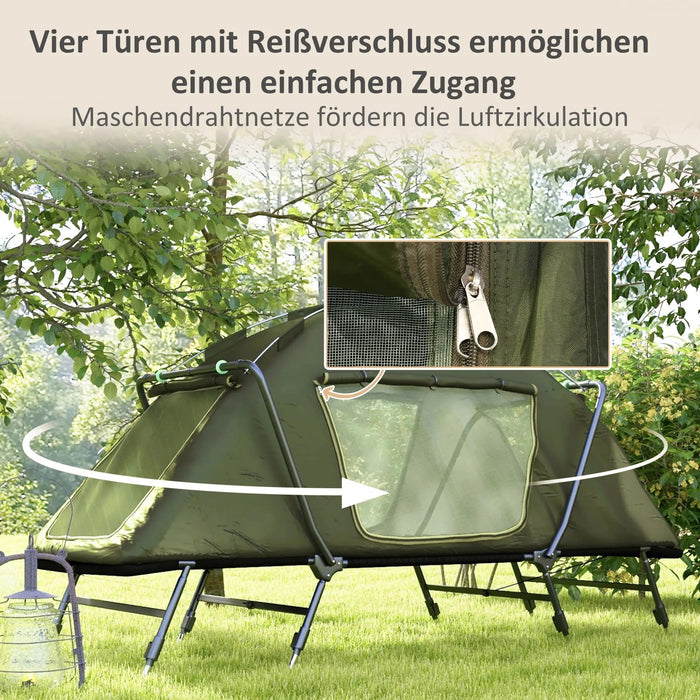 2-in-1 Campingbett wasserdichte Zeltplane verstellbare Metallbeine bis 180kg Grün, 215x80x125cm