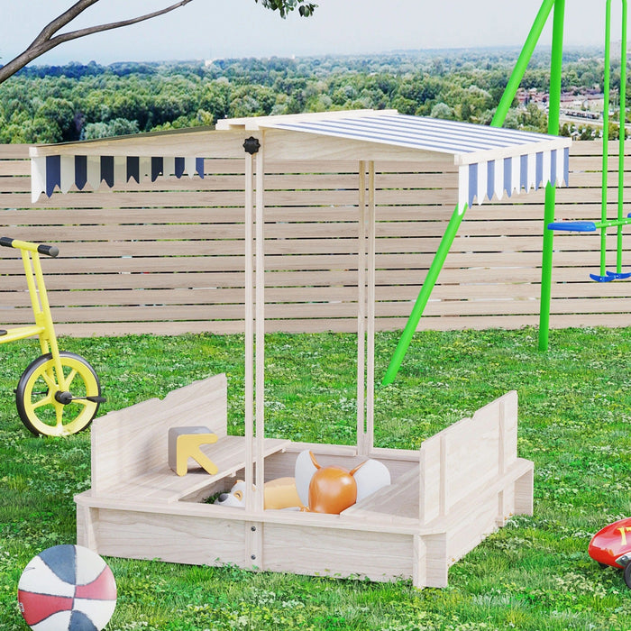 Sandkasten Sandkiste aus Holz für Garten Sandkasten mit Dach Felix Kindersandkasten mit Dach abnehmbar Rücklehnen verstellbar Tannenholz 3-7 Jahren, Natur, 106x106x121cm