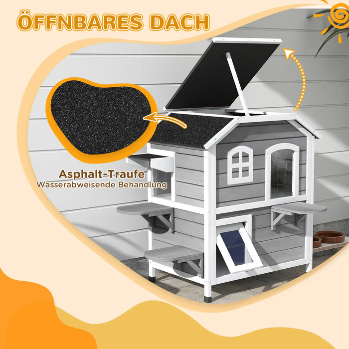 Cat house with asphalt roof, stairs, 2-floors, waterproof, garden, gray, 78x55.5x91cm