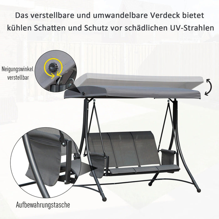 3-Sitzer Hollywoodschaukel, Gartenschaukel mit Sonnendach, Schaukelbank mit Ablage, Aluminium, Grau, 196x128x172cm