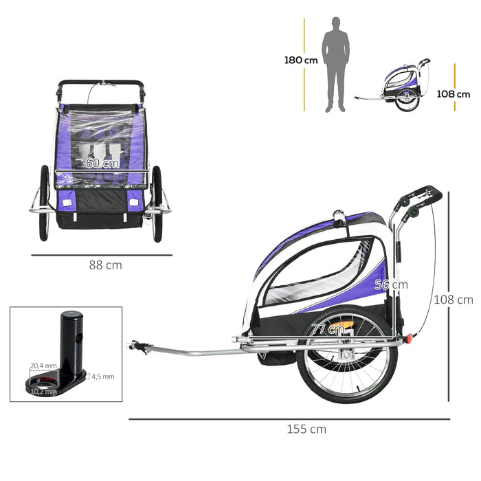 Children's bike trailer for 2 children including reflectors and flags