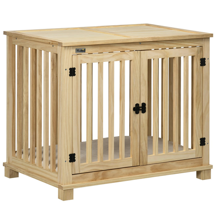 Dog cage with locking and upholstery natural wood, 82.5x57x72cm