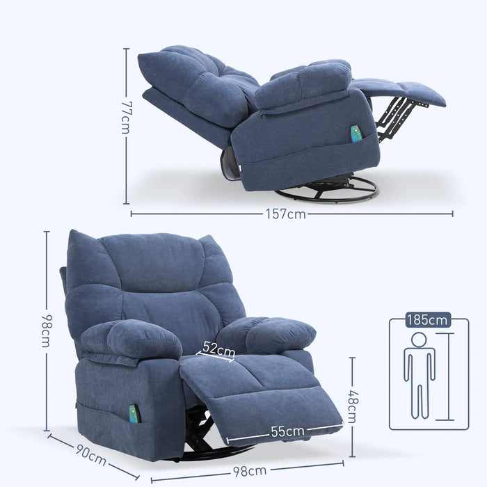 Massage chair with heat and lying function, rotatable, up to 150 kg, blue, 98x90x98cm